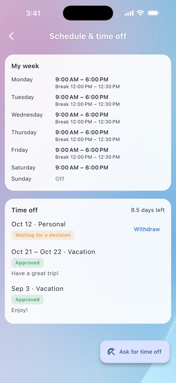 EraPOS Hub: Schedule and time off